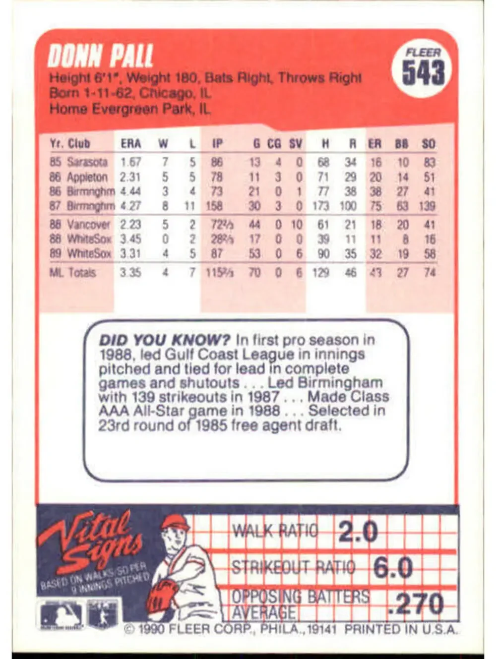 1990 Donn Pall UER Fleer Baseball Card #543
